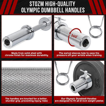 Load image into Gallery viewer, STOZM 20” Olympic Dumbbell Handles – Chrome Dumbbell Weight Lifting Bars with Knurled Grip &amp; Rotating Sleeves Fit 2” Plates – Spring Collars &amp; T-Screw Collars Included, Max Loading 300lbs (Pairs)
