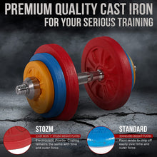 Load image into Gallery viewer, STOZM Supreme Fitness Cast Iron 1 Inch Hole Weight Plates Set 65 lbs for Weightlifting, Strength Training, Work Out (2x2.5lbs, 4x5lbs, 4x10lbs)
