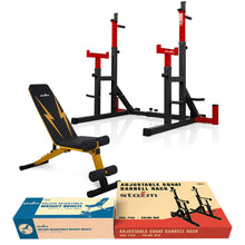 Load image into Gallery viewer, STOZM Combo of Premium Adjustable Barbell Rack / Squat Rack &amp; Deluxe Adjustable Weight Bench with Foldable Design – Multiple Color Options
